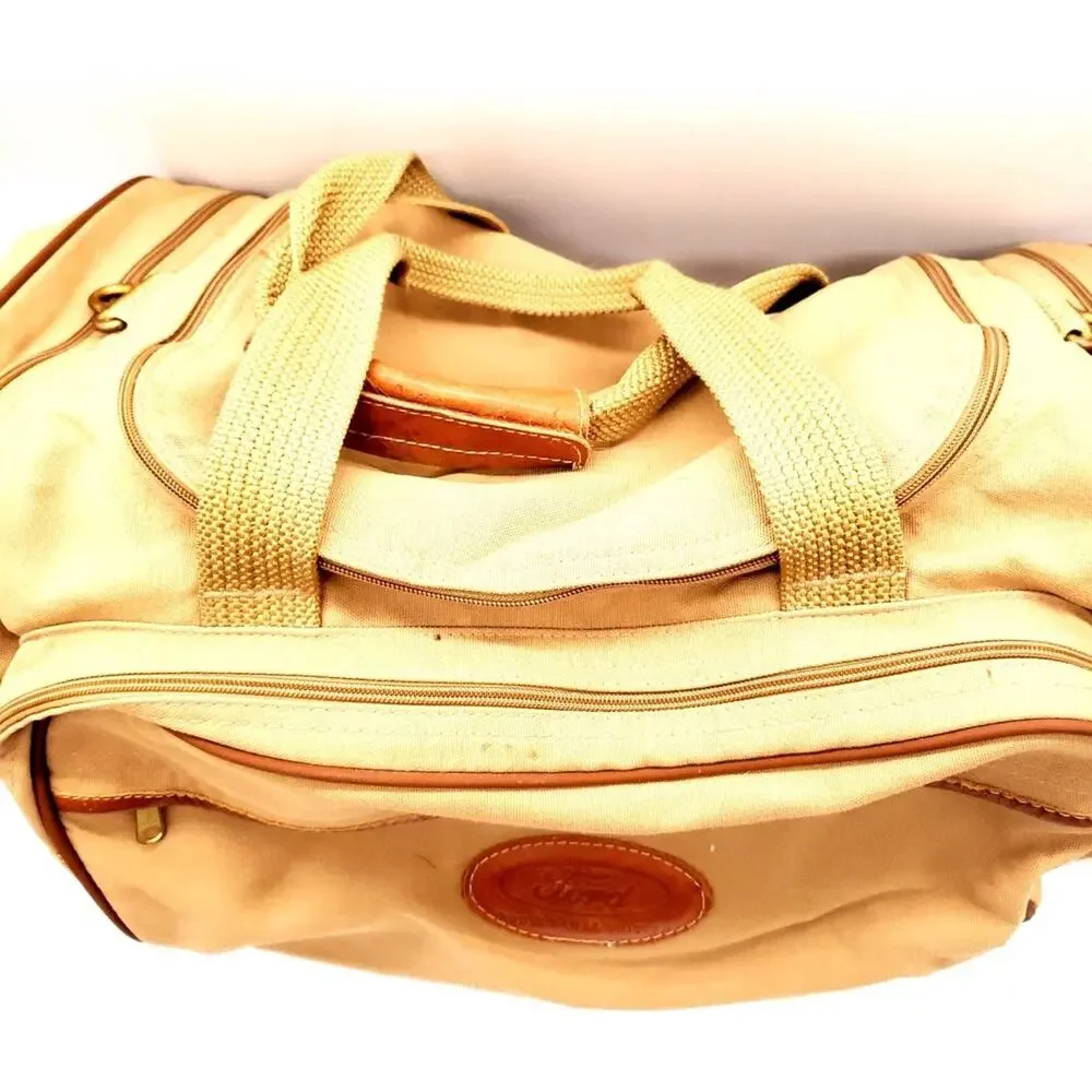 Vintage Ford Edition Eddie Bauer Duffle Bag Canvas Tan Weekender Military